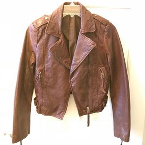 Cropped Brown Leather Moto Jacket XS